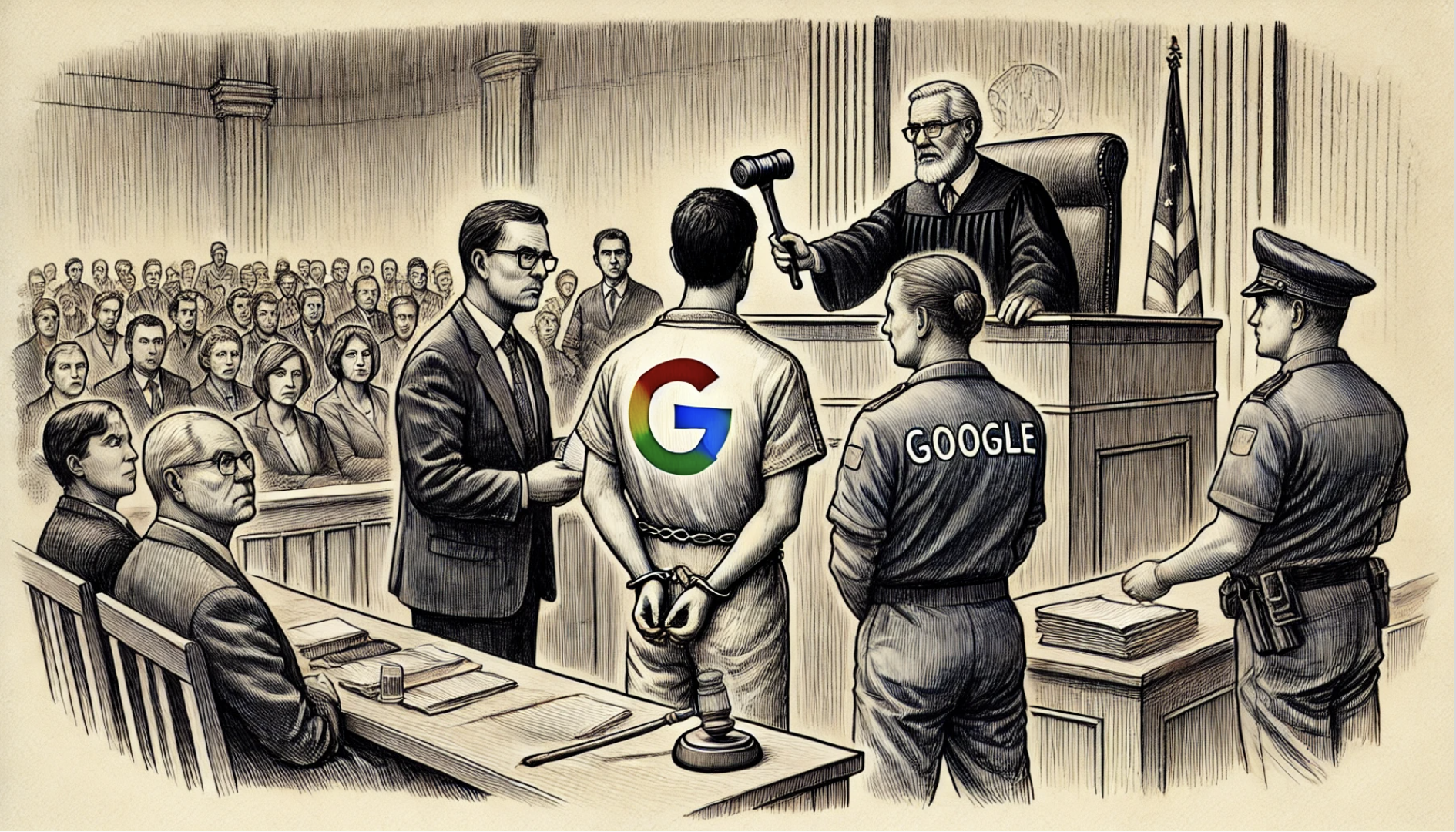 Google DOJ verdict courtroom drawing as Google declared a monopolist